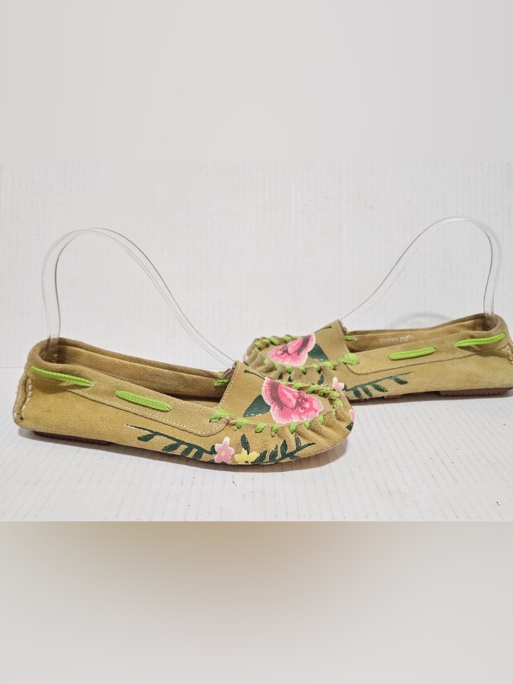 Naughty Monkey Green Pink Suede Floral printed Slip on  Moccasins Shoes Sz 7